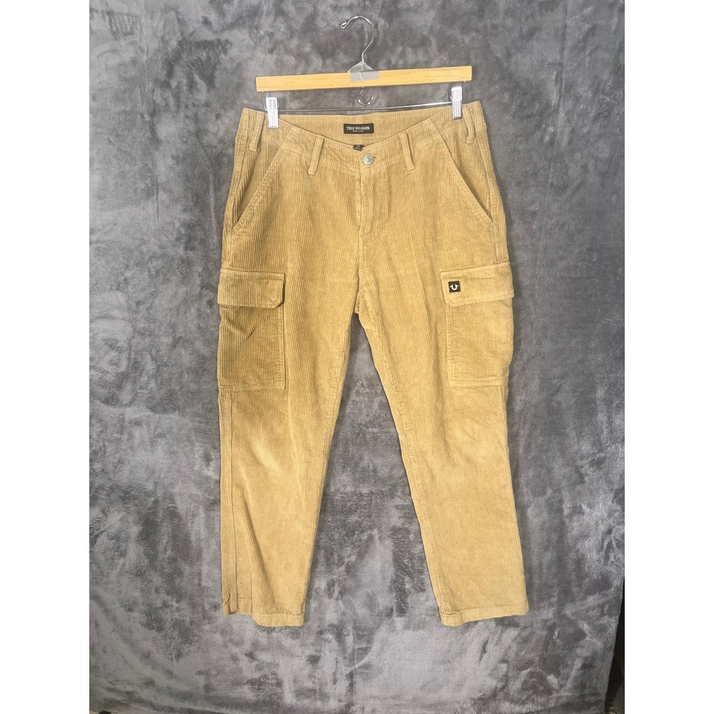 True Religion Mens Corduroy Cargo Pants Tan Khaki Horseshoe Logo Size 29